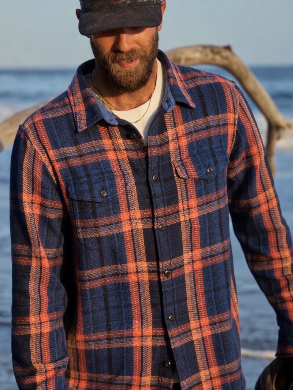 Outerknown Men's Black Plaid Lightweight Shirt Jacket with red & blue Stripes
